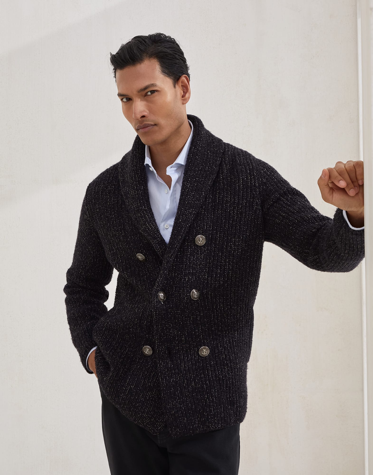 One-and-a-half breasted cardigan for Man in Black | Brunello Cucinelli