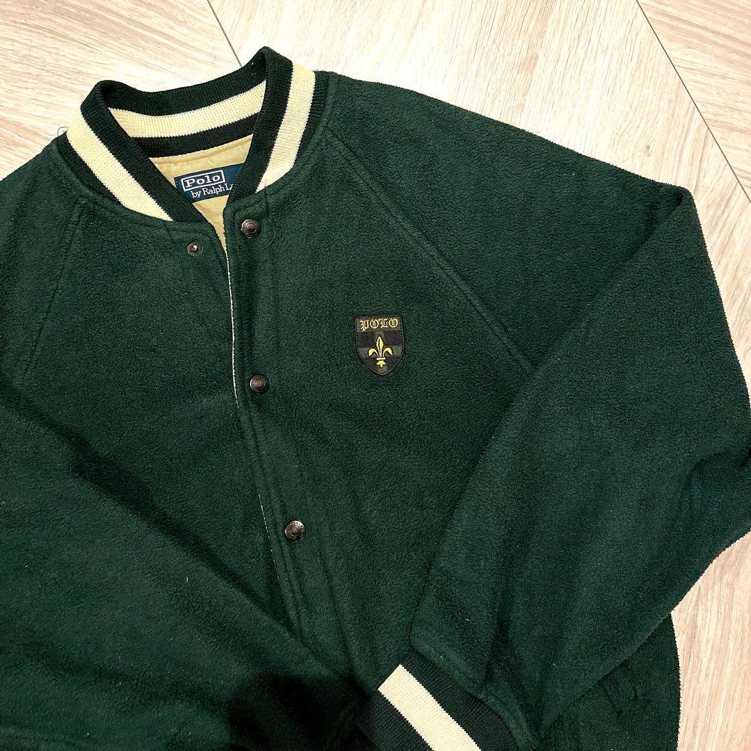 90s Polo by Ralph Lauren フリースバーシティジャケット緑 90s☆ポロラルフローレン☆ボアフリースジャケット☆オリーブ